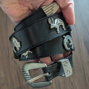 Vintage Black Leather Belt with Southwest Animal Details S